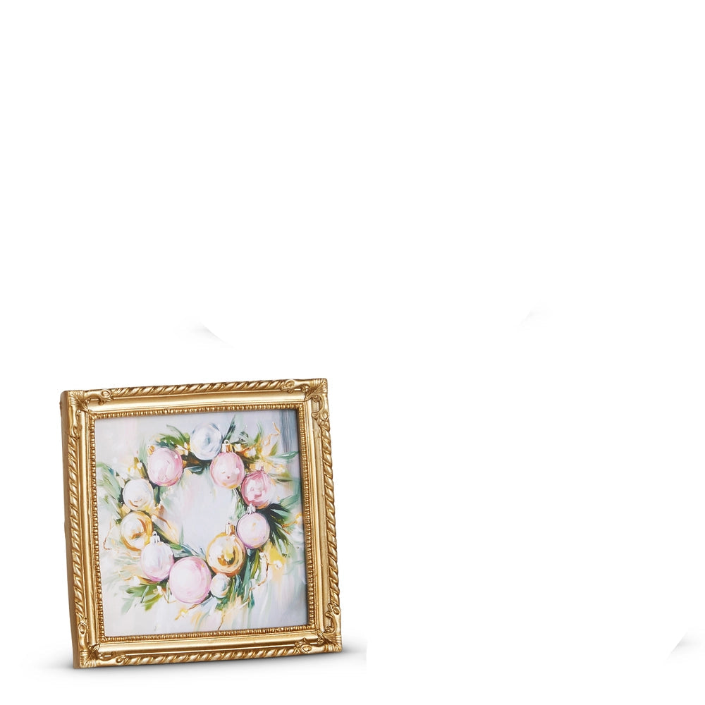 small gold frame art of holiday wreath made of pink and gold bauble ornaments and greenry