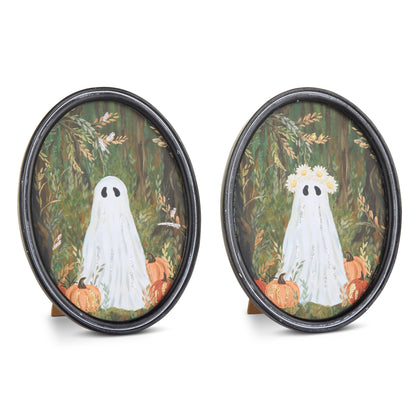 2 oval halloween framed art pieces with ghost and pumpkins