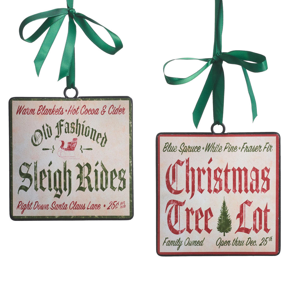 2 Christmas Tree Lot Ornaments against a white background