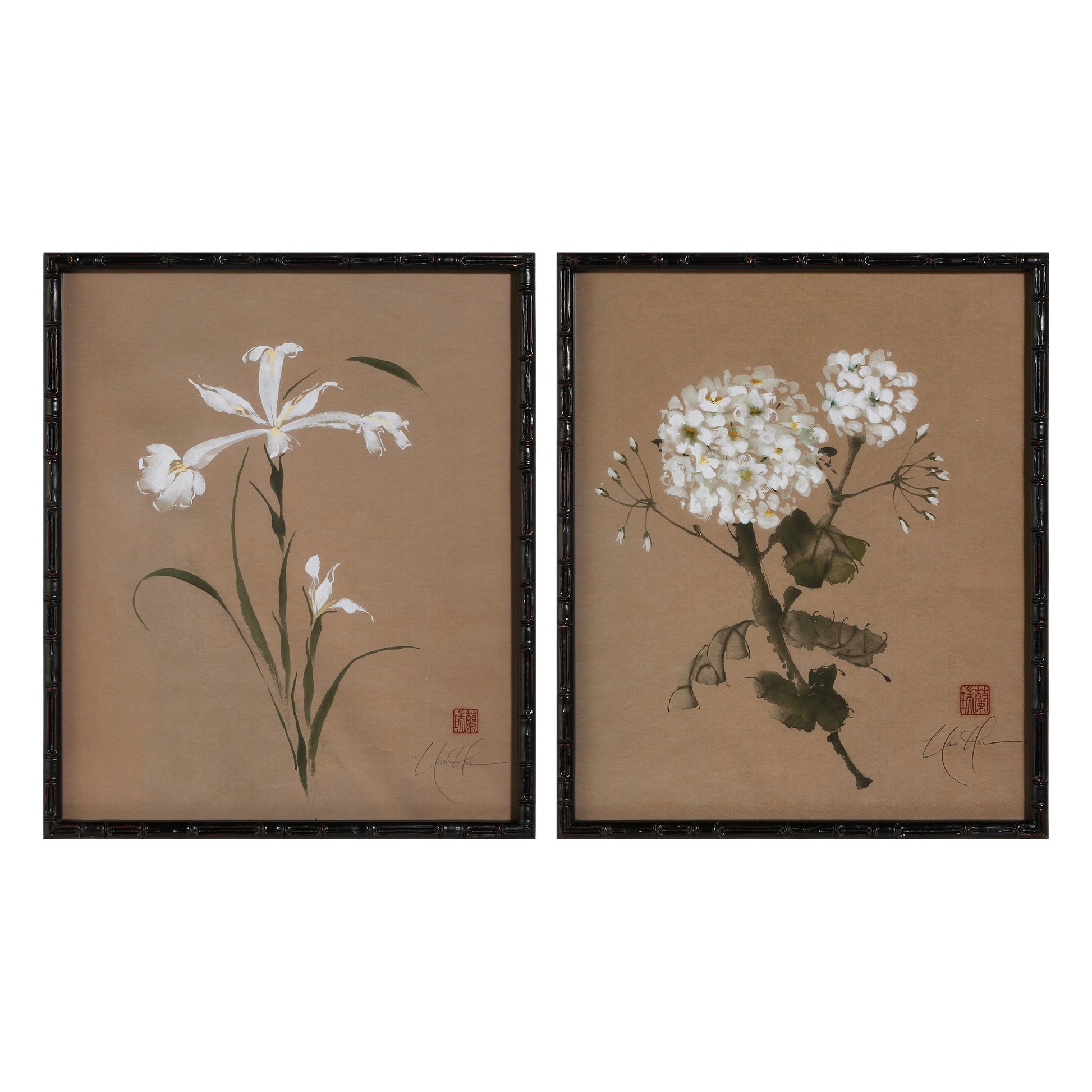 2 prints in a black frame with biotanical flower prints