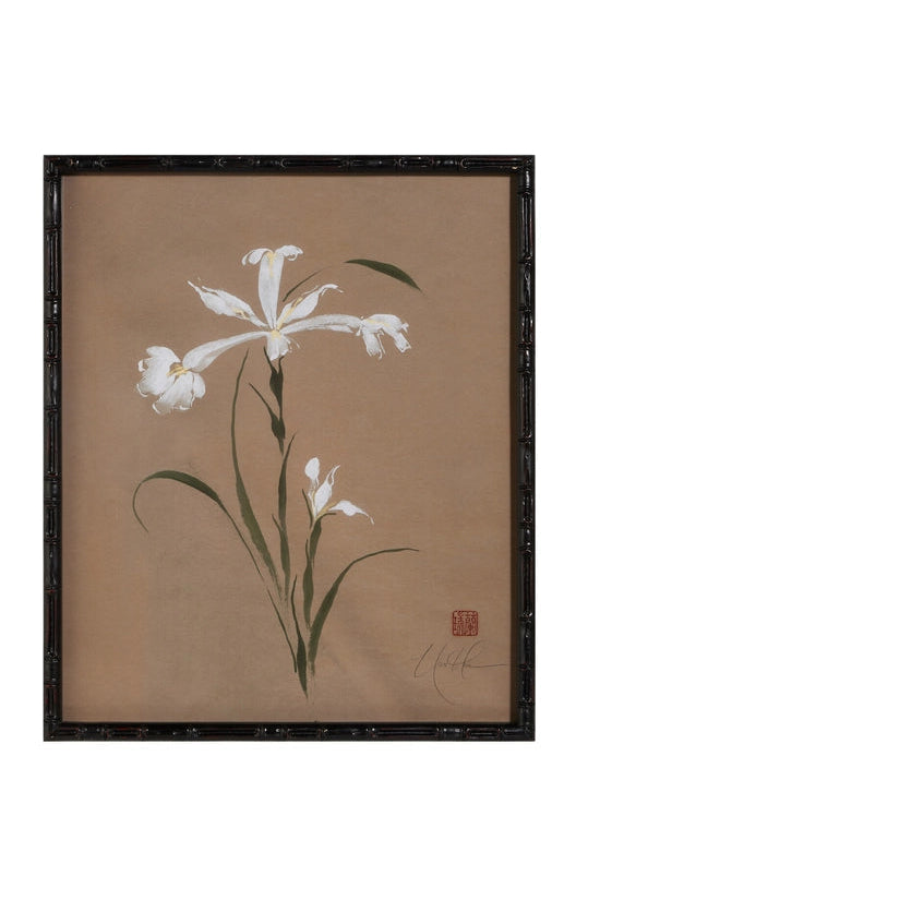 framed art of white lily on brown background