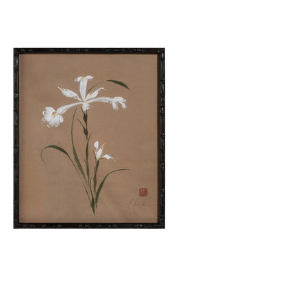 framed art of white lily on brown background