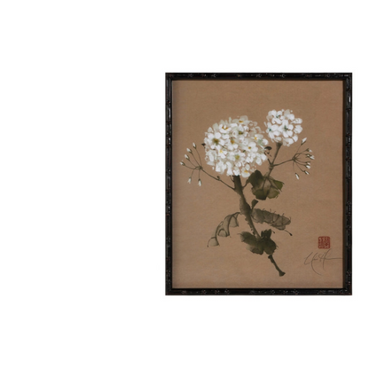 framed art of white hydrangea on brown background