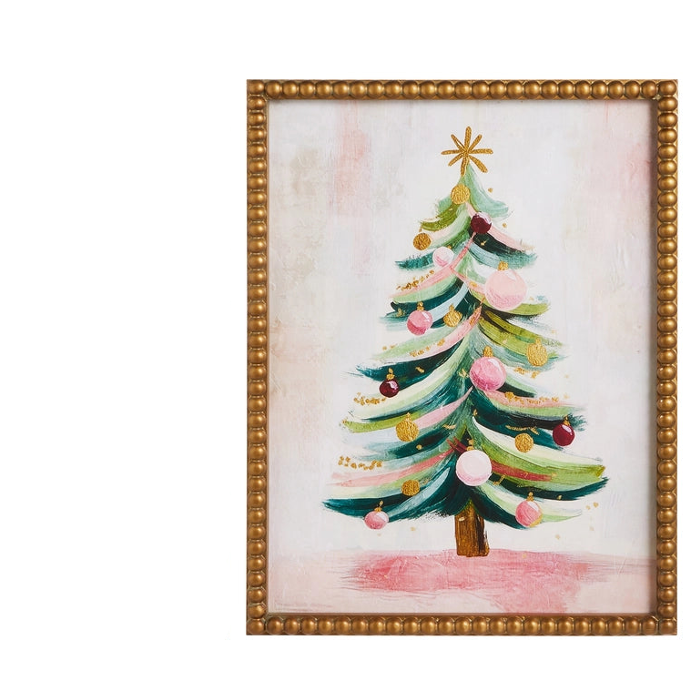 gold framed christmas art of a tree filled with pink and gold ball ornaments and a gold star on top