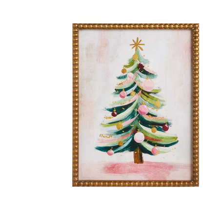 gold framed christmas art of a tree filled with pink and gold ball ornaments and a gold star on top