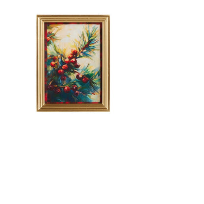 A framed painting of a pine branch with red berries in a gold frame shown against a plain white background.