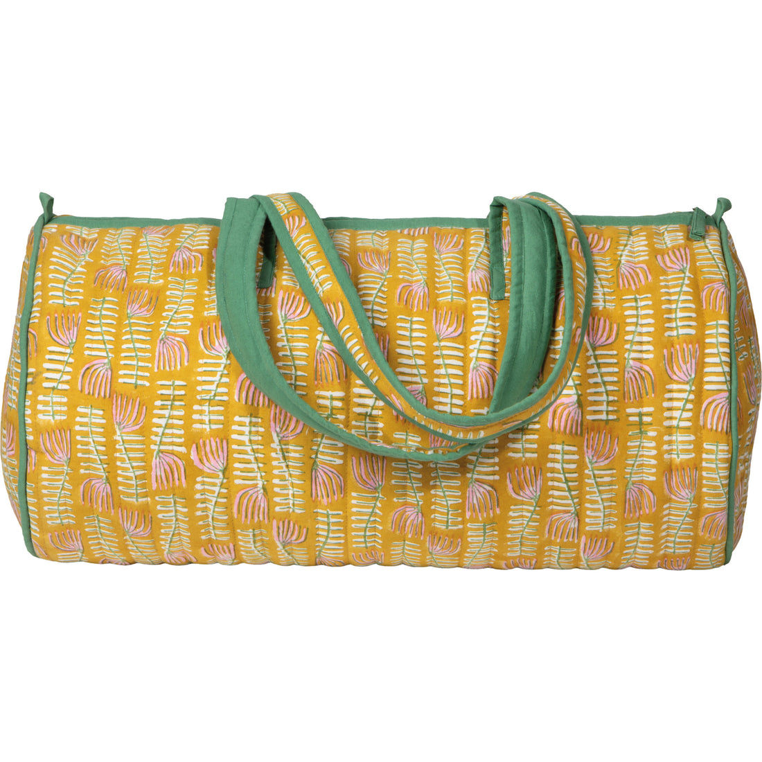 yellw zip bag trimmed with green and with pink, white block print florals