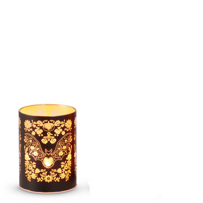 small round black glass lantern with illuminated design of bat and flowers 