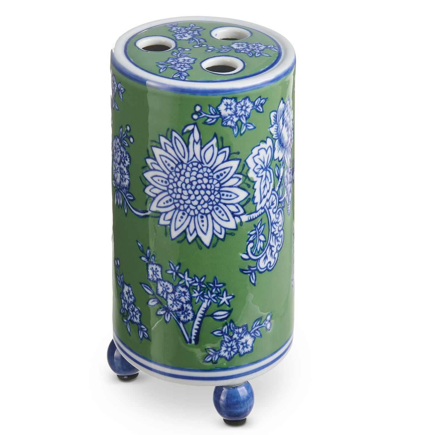 green tulip vase with blue and white pattern