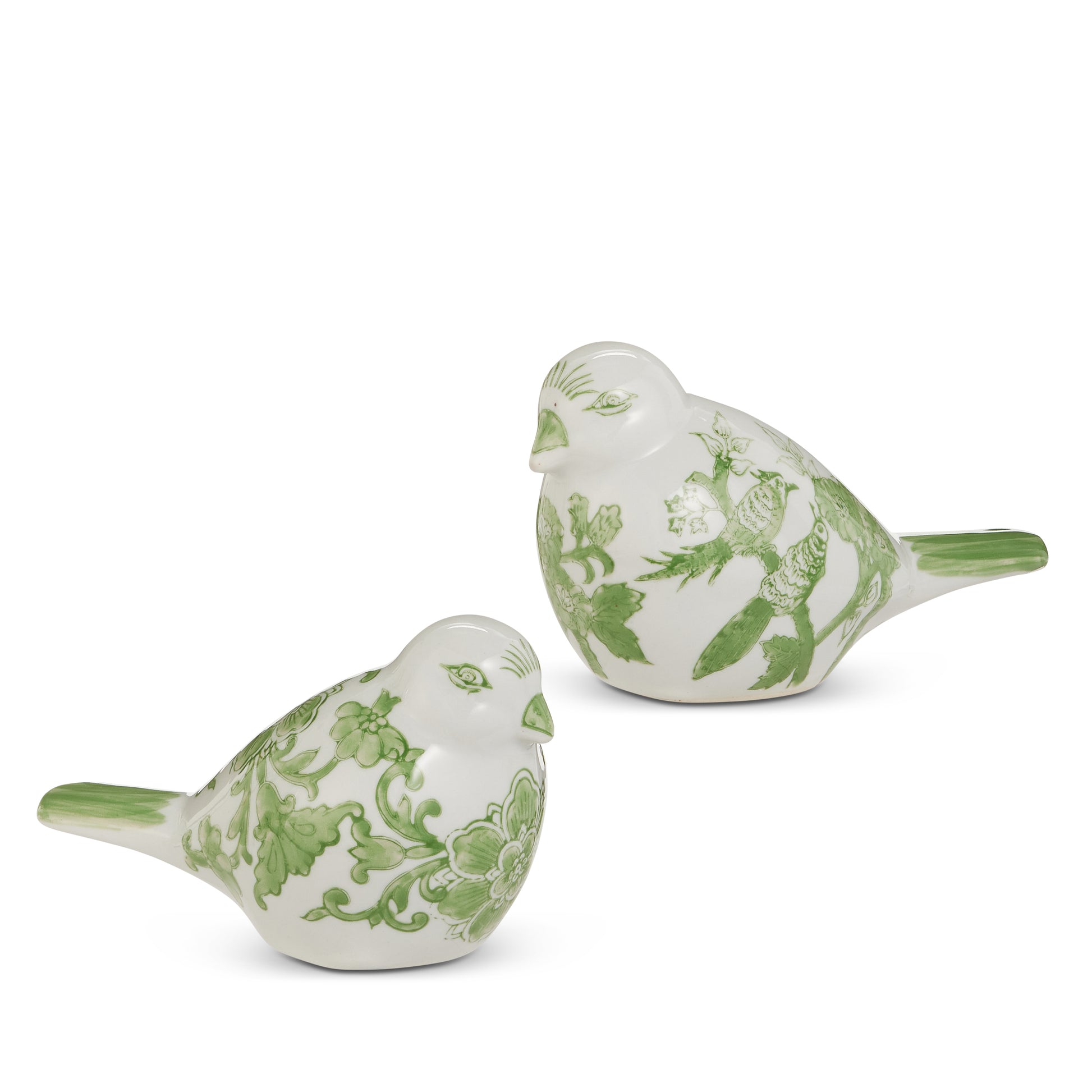 2 white birds with green floral designs shown on a white background