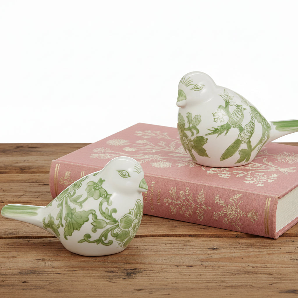Two ceramic birds with green floral patterns on a wooden table, one bird in set on a pink book