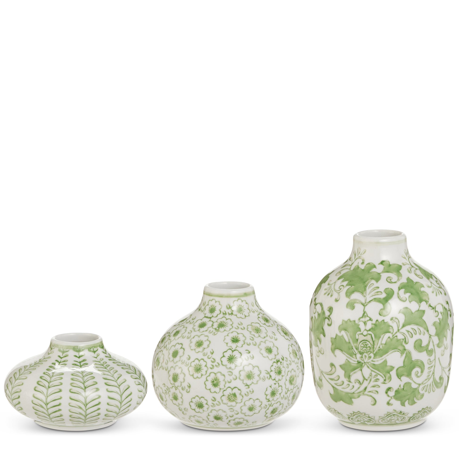 3 white bud vases of different sizes with green floral detailing