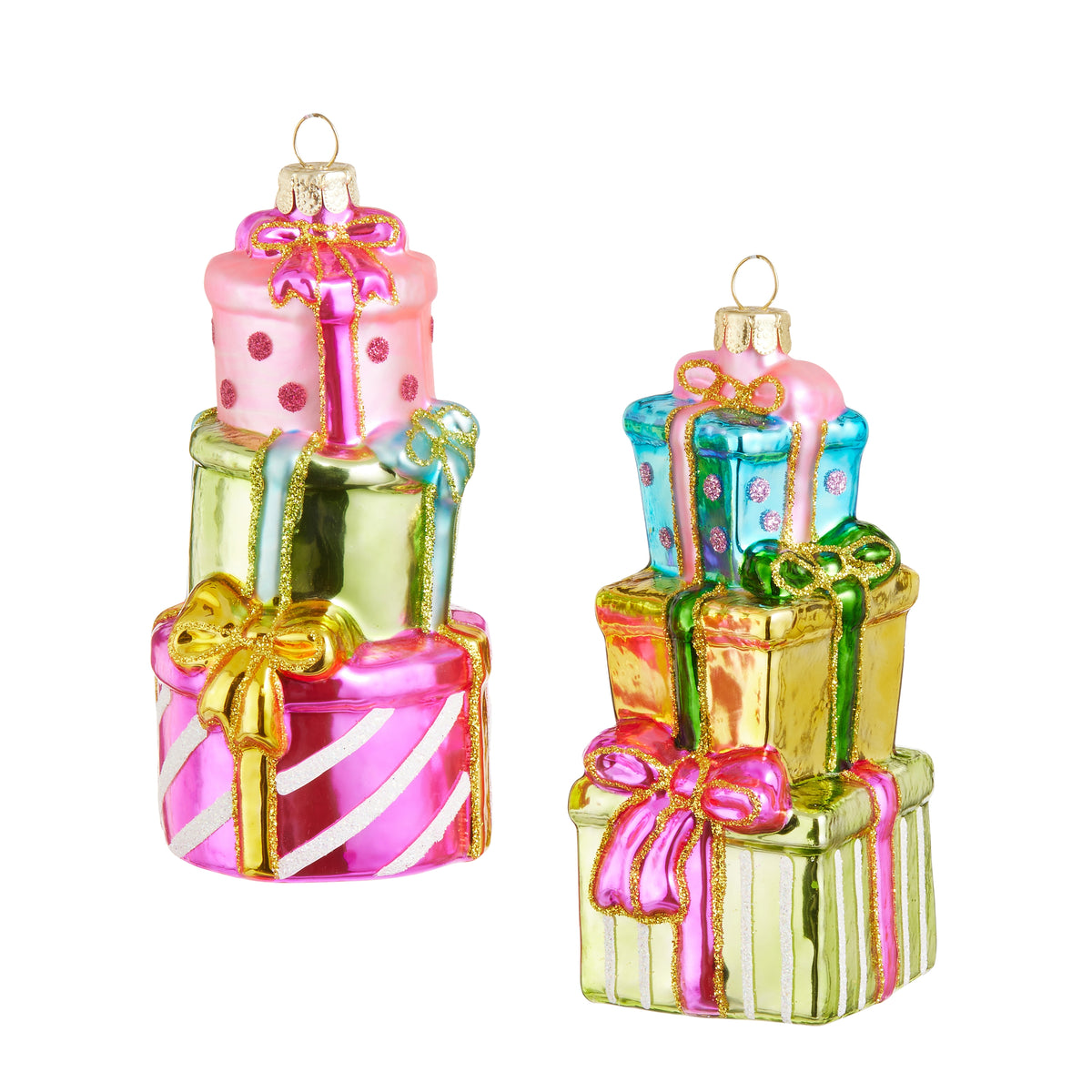 2 ornaments featuring 3 stacked packages in colors lime green, hot pink, and aqua