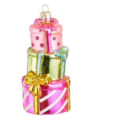glass ornament shaped like 3 wrapped gifts in pink and green with dots and stripes accents