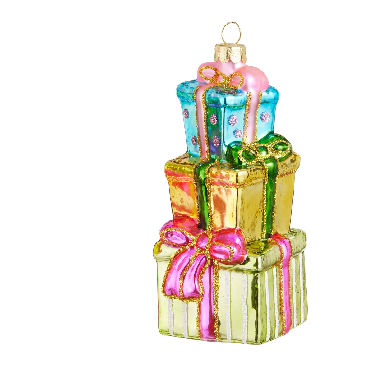 glass ornament shaped like 3 wrapped gifts in blue, gold and green with dots and stripes accents