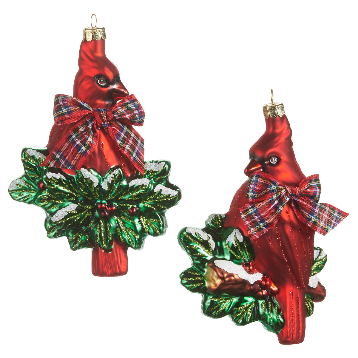 2 Cardinal with Holly sprig wearing a plaid Bow Ornaments on a white background