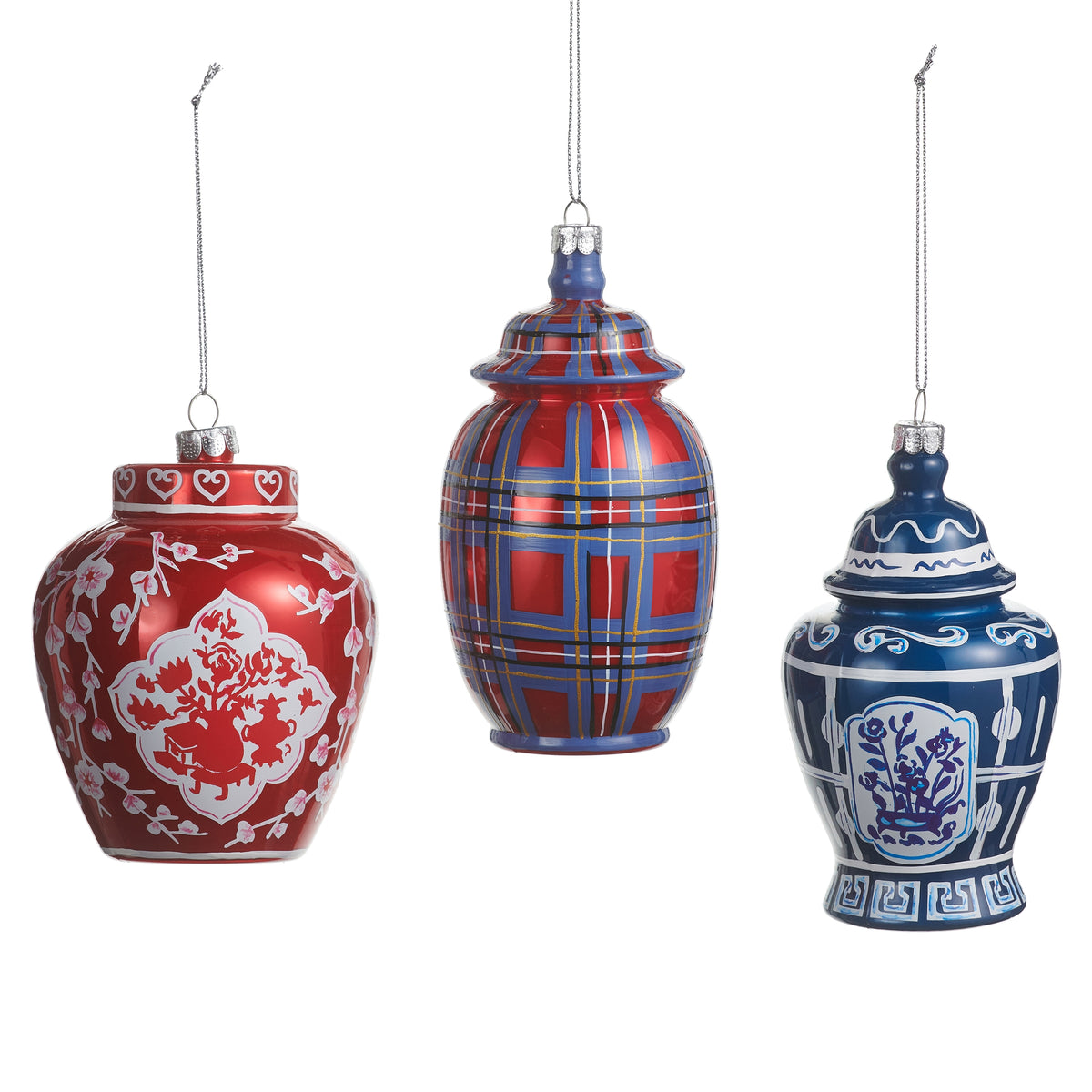 3 styles of chinoiserie ornaments in a row on a white background