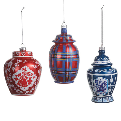 3 styles of chinoiserie ornaments in a row on a white background