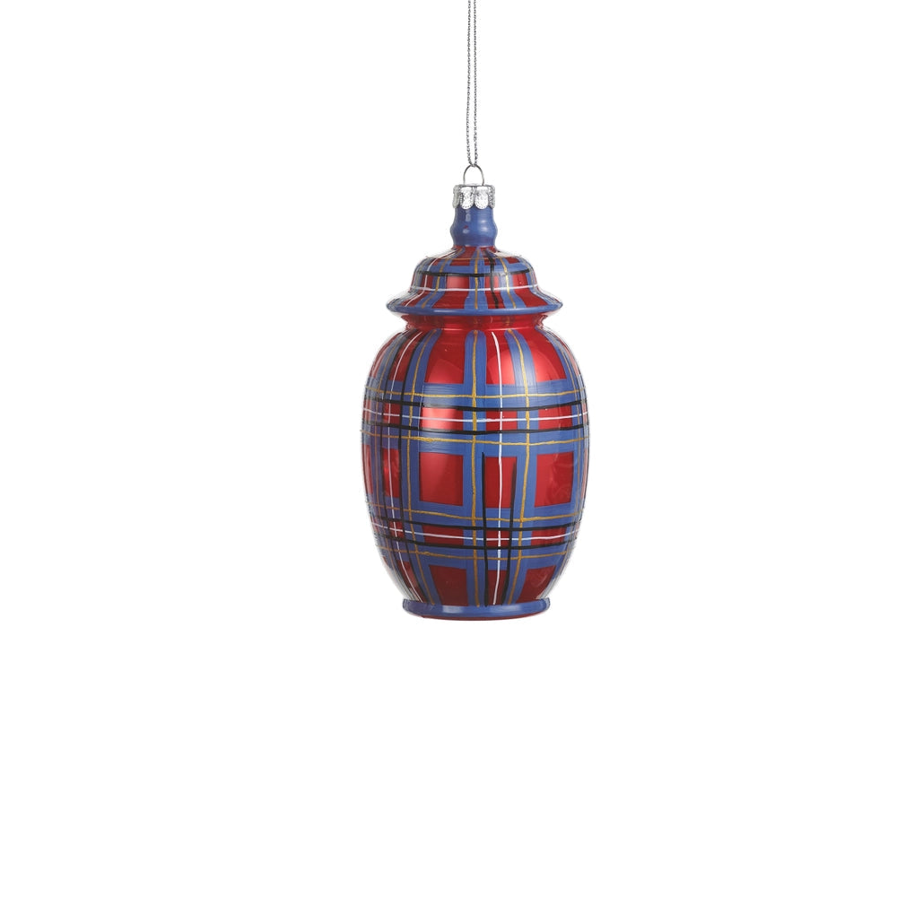 glass ginger jar ornament with red and blue plaid design