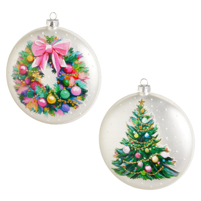 two ornaments on a white background, one with a tree on it and one with a wreath on it