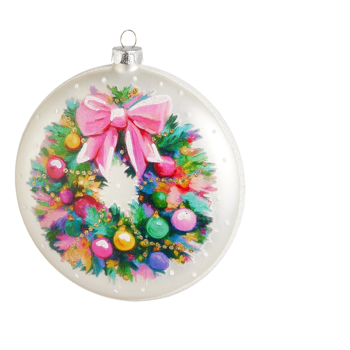 A round clear Christmas ornament featuring a colorful painted wreath with a large pink bow and multicolored baubles, shown on a white background