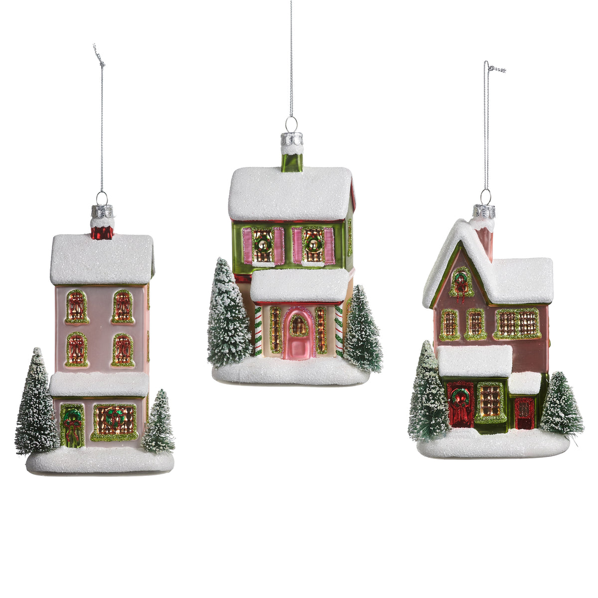 3 Snowflake Lane house Ornaments on a white background