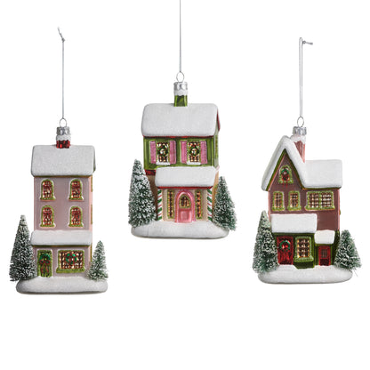 3 Snowflake Lane house Ornaments on a white background