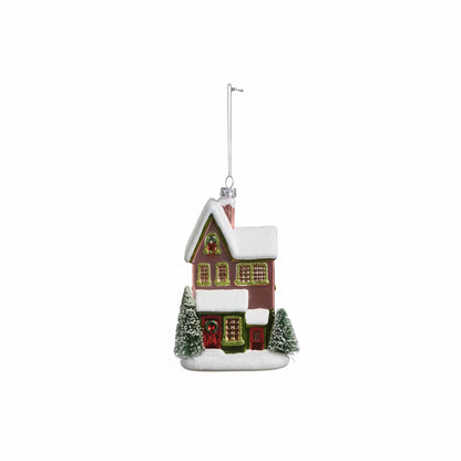 mauve color house ornament with a red door on a white background