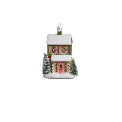 green house ornament with a pink door on a white background