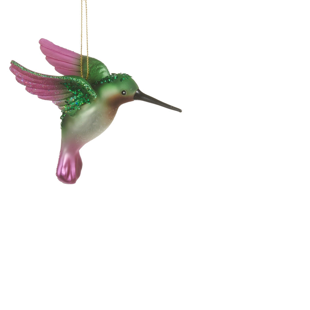 green and pink glass hummingbird ornament with glittered wings