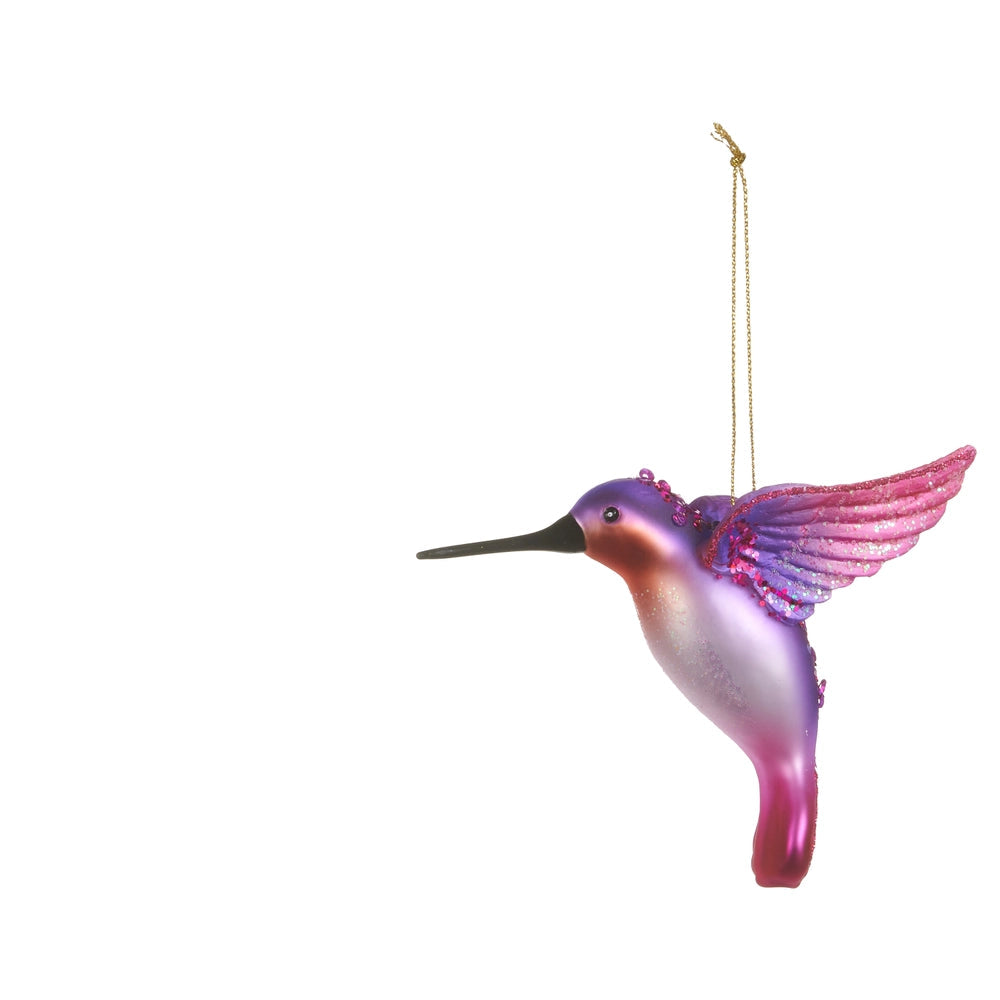 pink and purple glass hummingbird ornament with glittered wings