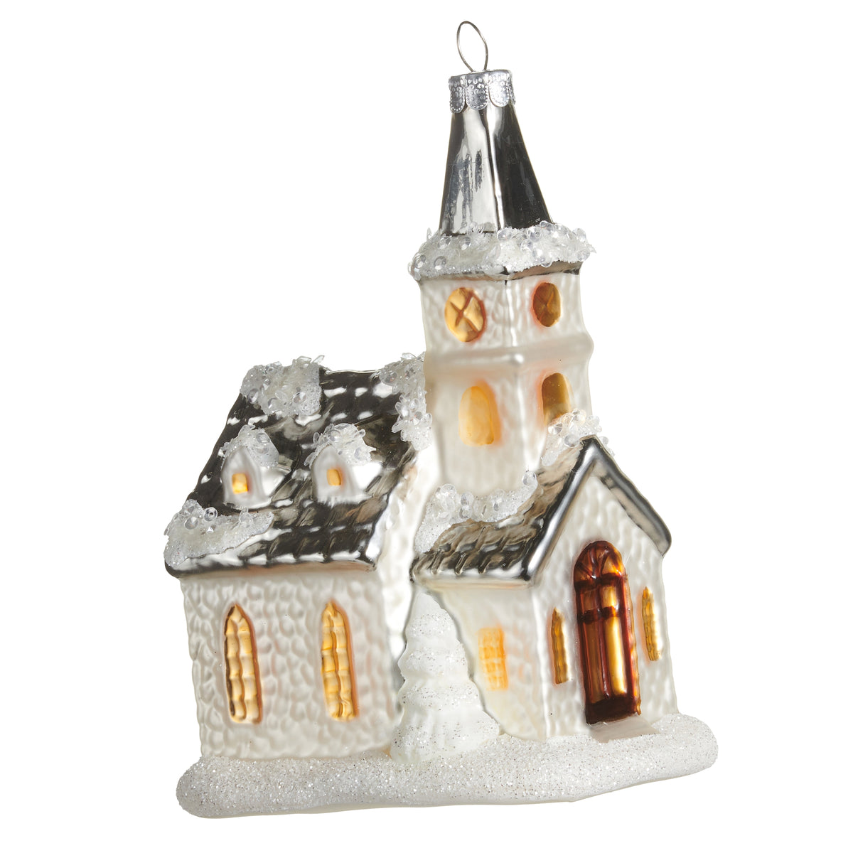 Snowy Church Ornament on a white background