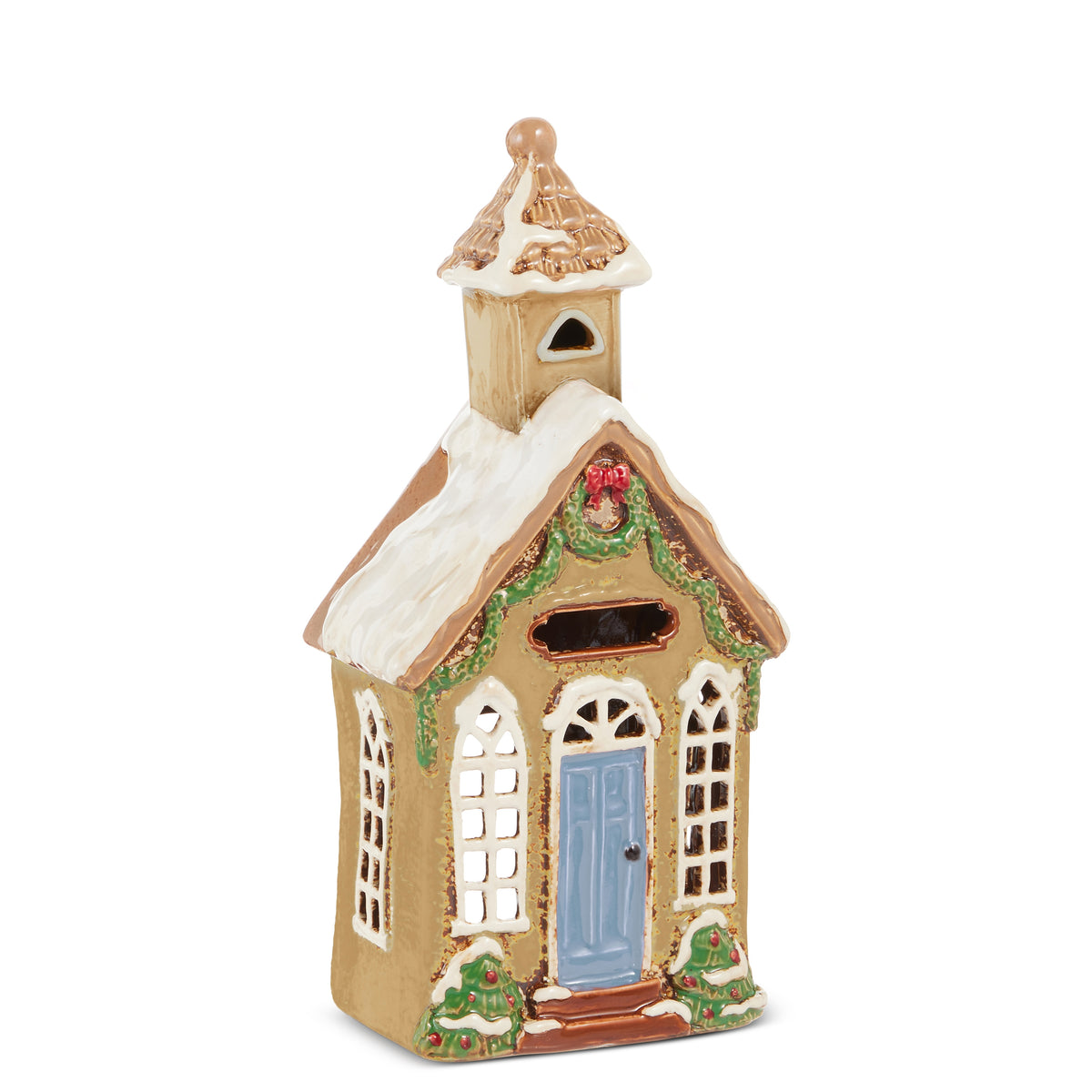 brown Ceramic Church with holiday decorations on it