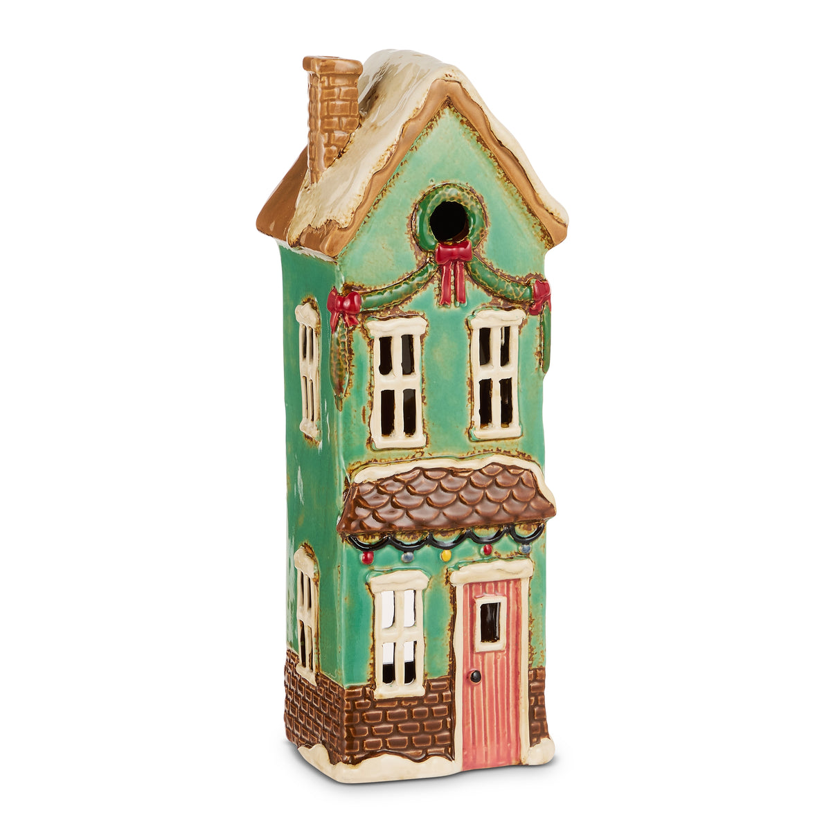 green Ceramic House with holiday decor painted on it shown on a white background