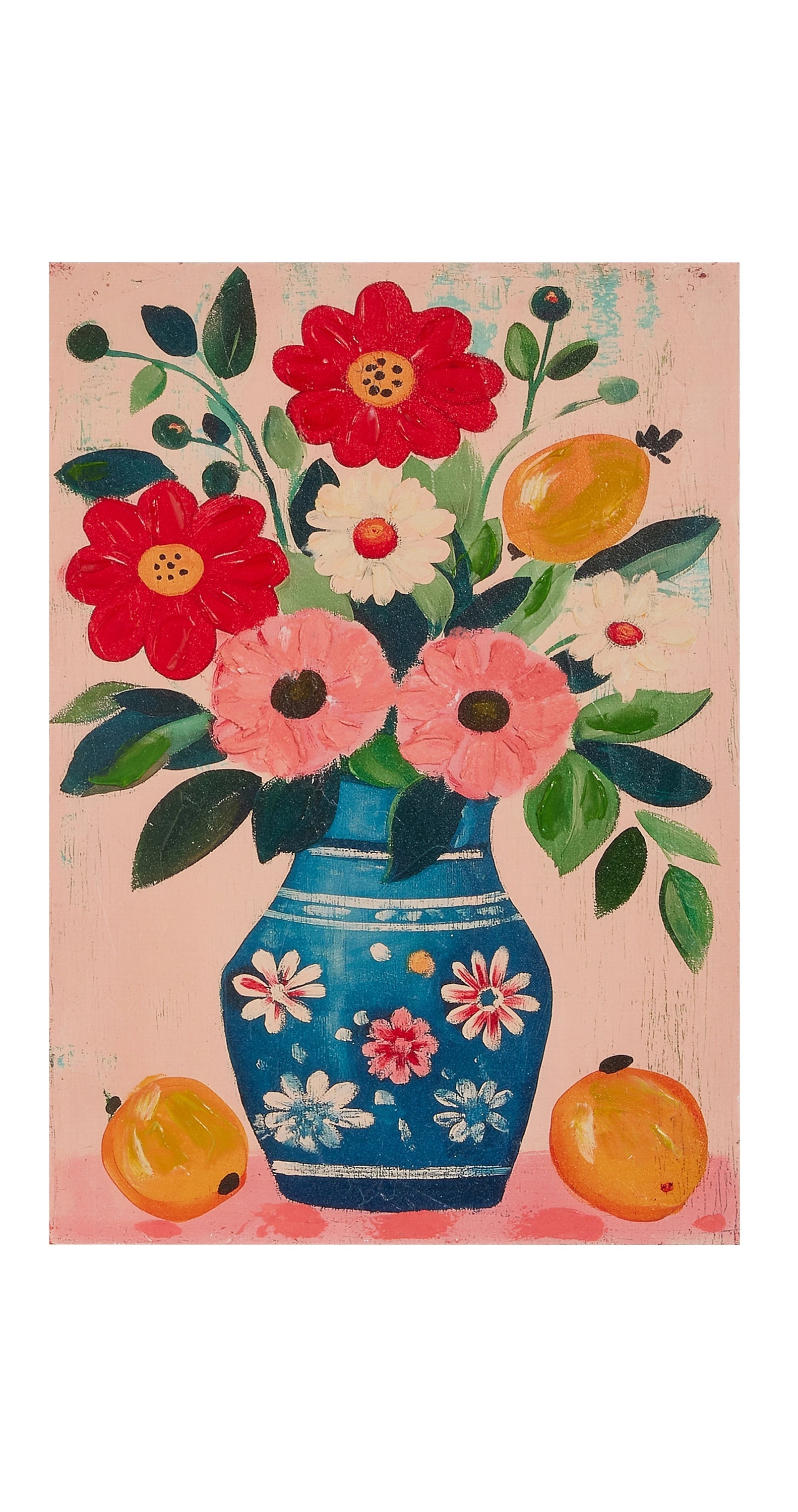 floral painting with blue floral vase and fruits on a pink background