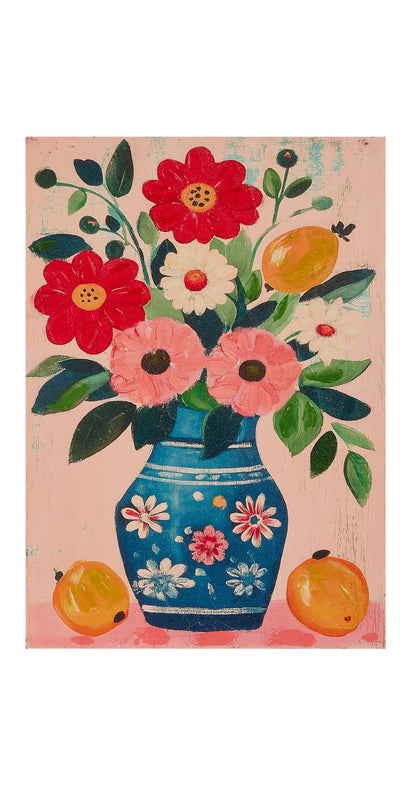 floral painting with blue floral vase and fruits on a pink background