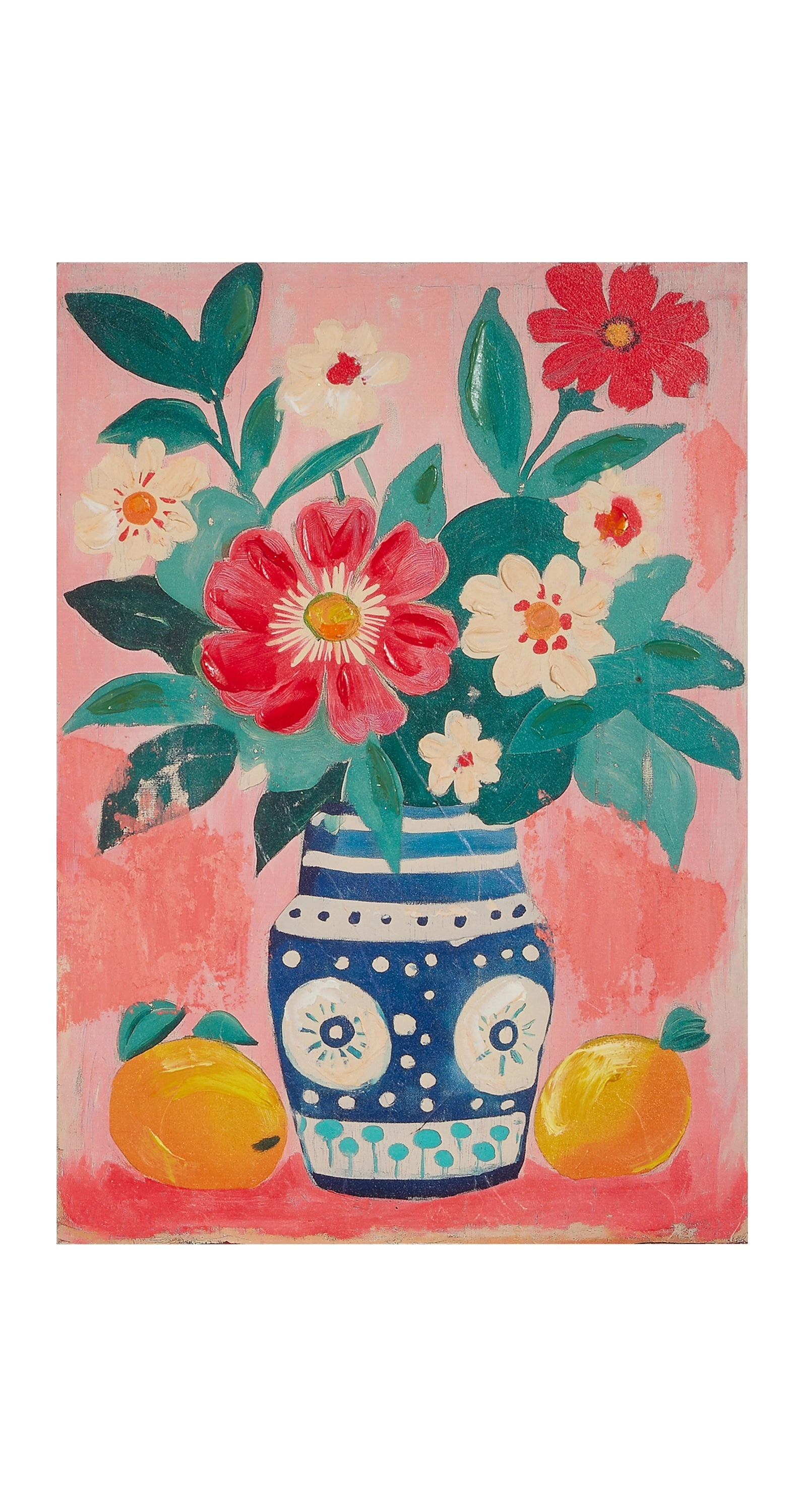 floral painting with blue and white  vase and fruits on a pink background