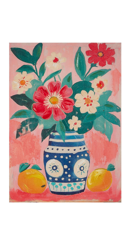 floral painting with blue and white  vase and fruits on a pink background