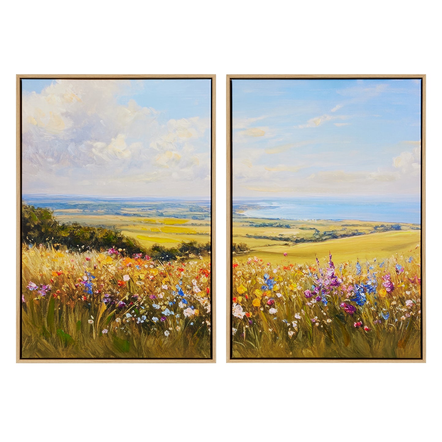 two landscape art work, one showing hills and wild flowers and the other showing a lake and wild flowers