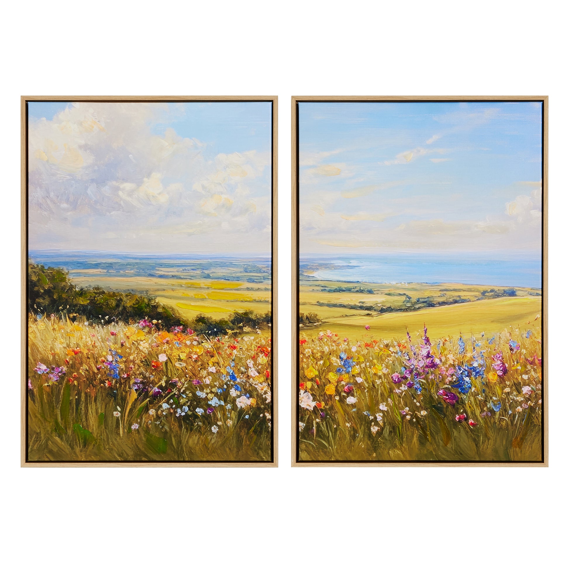 two landscape art work, one showing hills and wild flowers and the other showing a lake and wild flowers