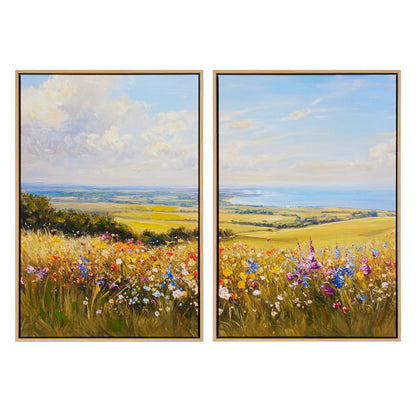 two landscape art work, one showing hills and wild flowers and the other showing a lake and wild flowers