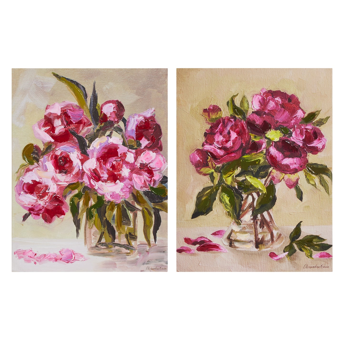 1 print of glass jar filled with light pink fllowers and 1 prints of glass jar filled with hot pink flowers