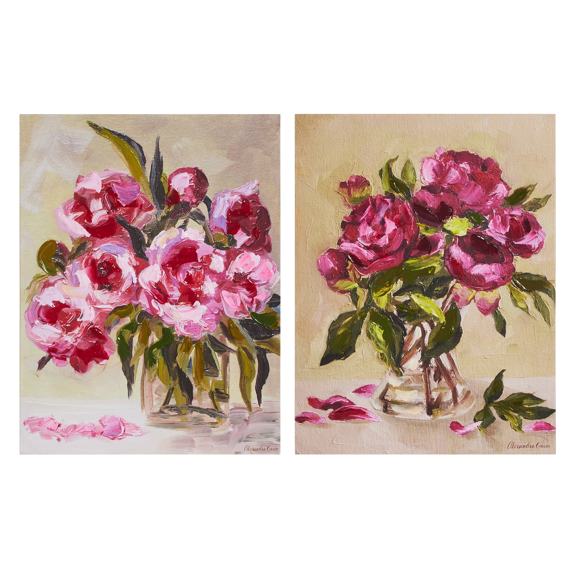 1 print of glass jar filled with light pink fllowers and 1 prints of glass jar filled with hot pink flowers