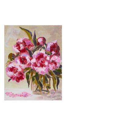 art work of floral bouquet with light pink flowers in glass vase