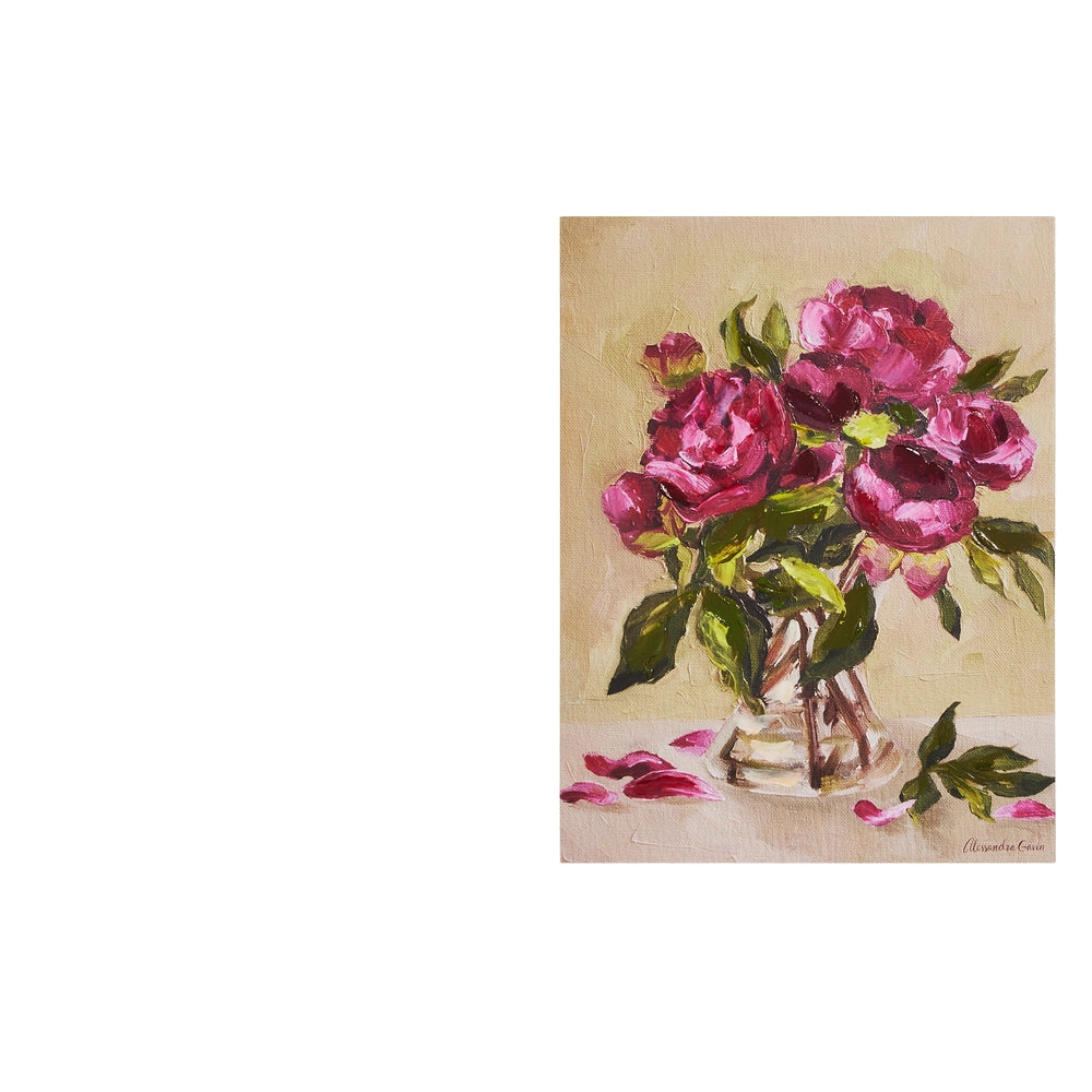 art work of floral bouquet with bright pink flowers in glass vase
