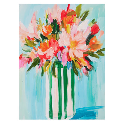 art of a green and white stripe vase full of flowers