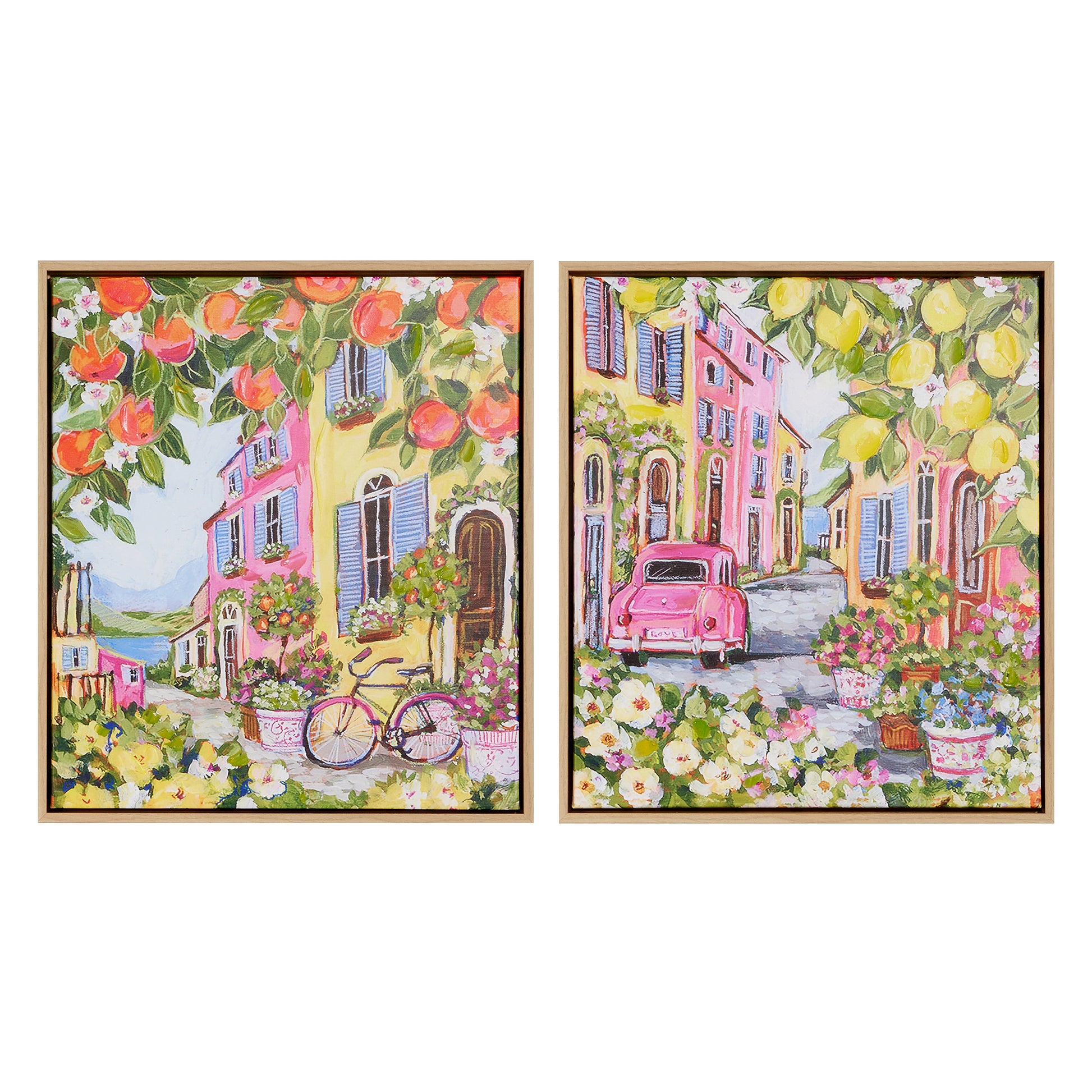 one art featuring colorful buildings and a bike, one art featuring colorful buildings and a car