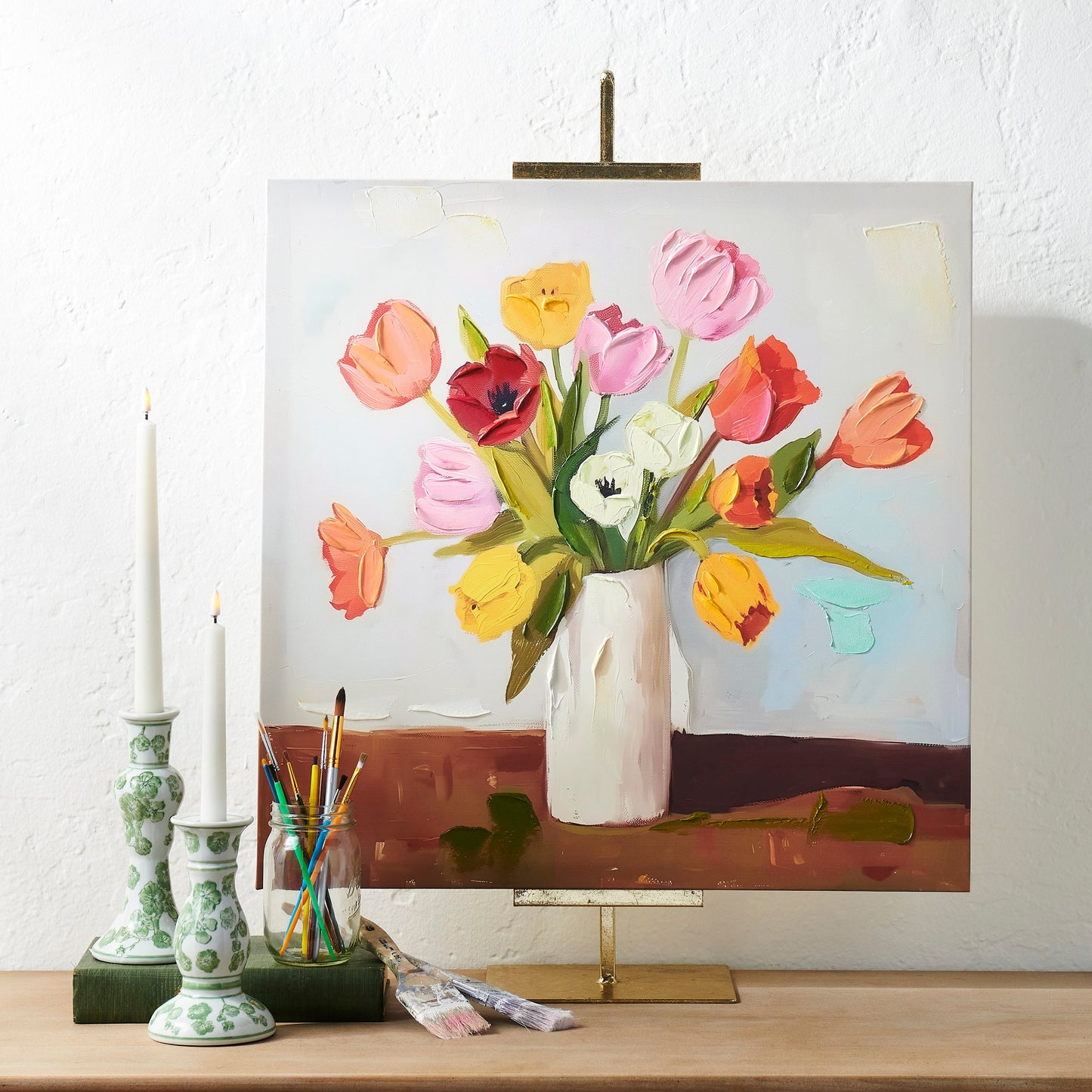 tulips in vase wall art in decorated setting