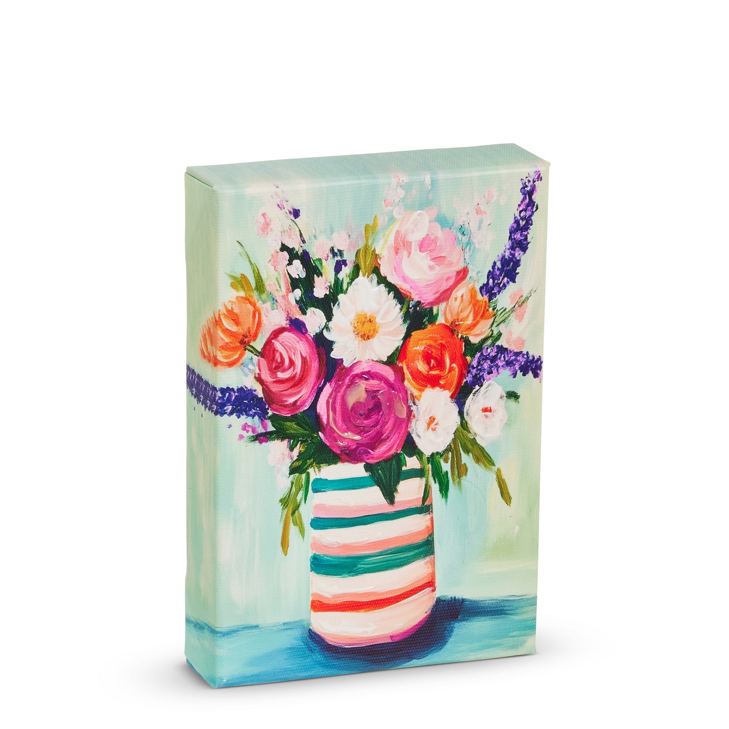 art of a white, pink, and teal stripe vase filled with flowers