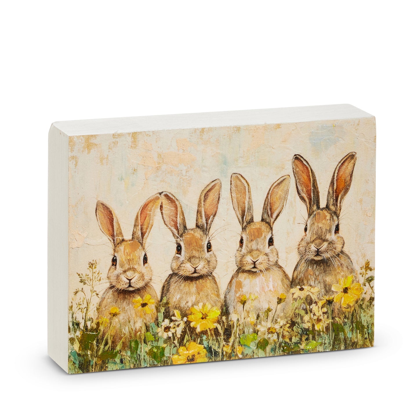 art of 4 bunnies sitting in a field of yellow flowers